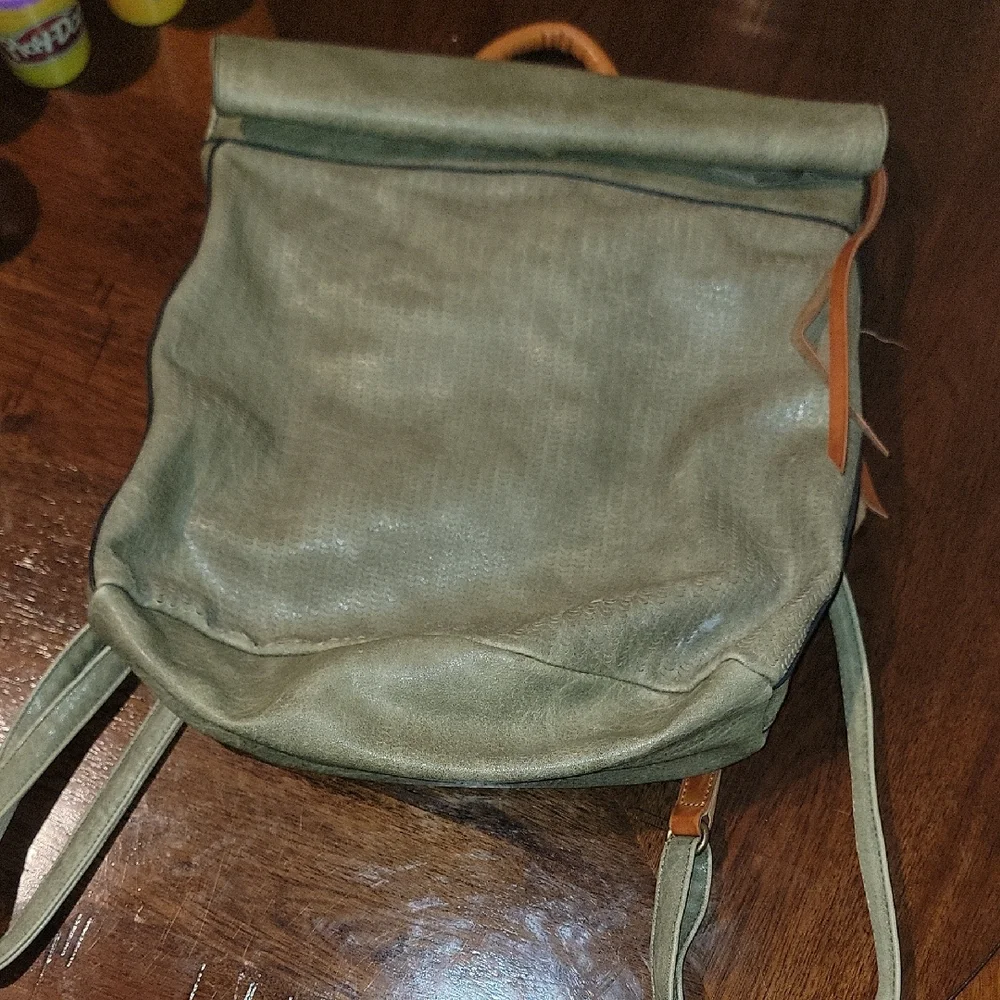 Green Roll-Top Backpack with Leather Accents